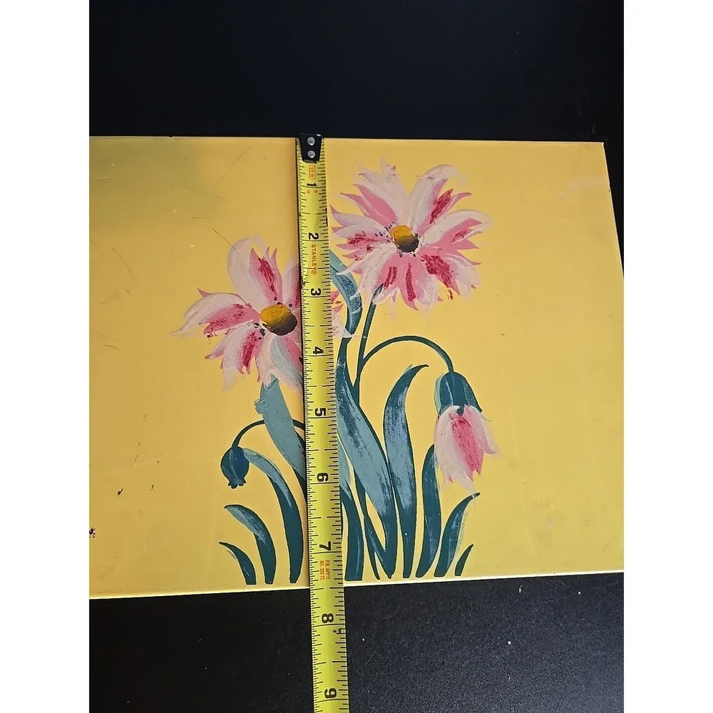 Vintage Yellow‎ Metal Box w/ Flowers on Hinged Lid - Hankie Jewelry Make-up Box